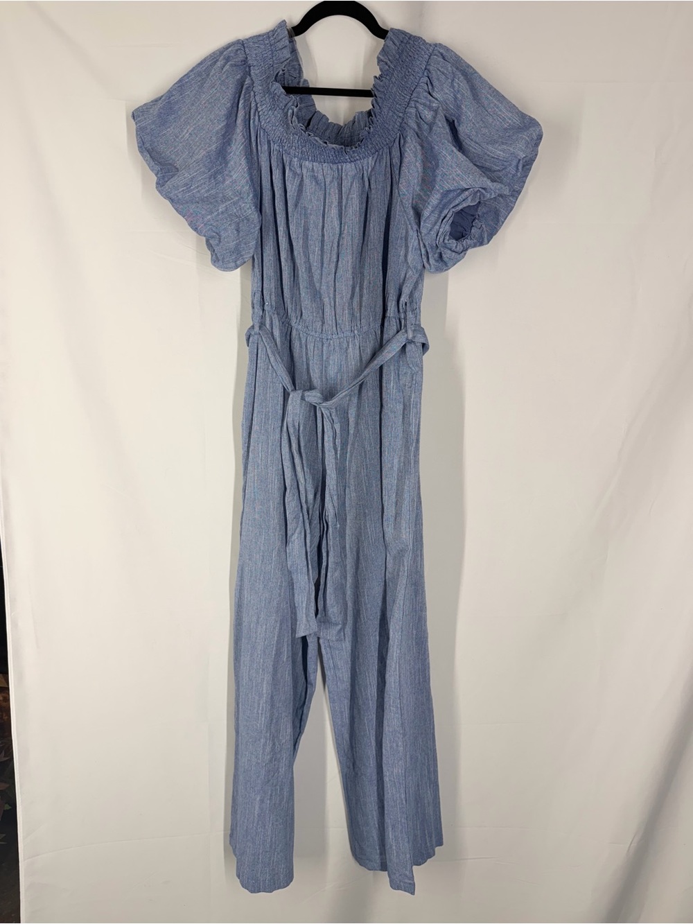 Light Blue Smocked Neck Jumpsuit with Puff Sleeves and Tie Waist